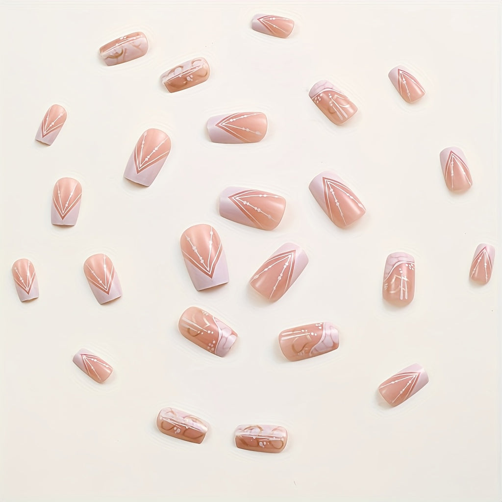 [Glossy Press-On Nails] 24pcs Square Medium-Length Press-On Nails | White & Pink Glossy Fake Nails with Cloud & Heart Designs - Includes Jelly Glue & Nail File for Daily & Holiday Wear