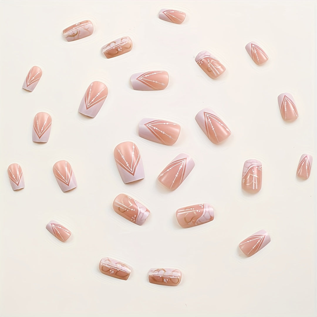 [Glossy Press-On Nails] 24pcs Square Medium-Length Press-On Nails | White & Pink Glossy Fake Nails with Cloud & Heart Designs - Includes Jelly Glue & Nail File for Daily & Holiday Wear