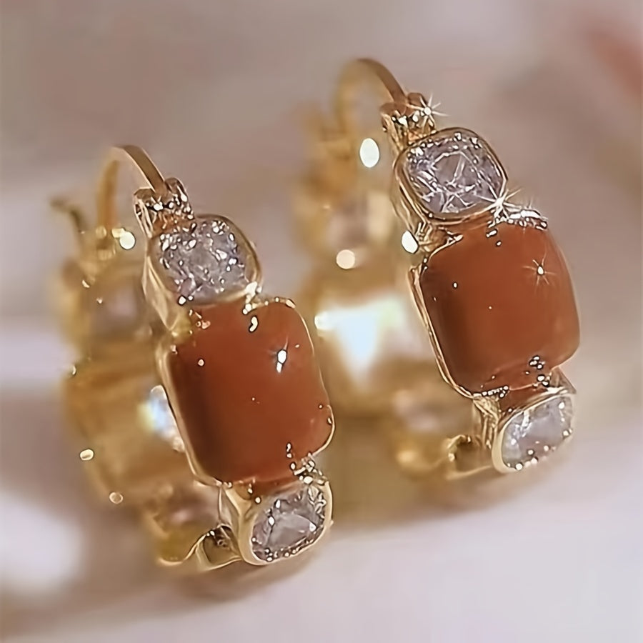 Elegant 14K Golden Plated Zinc Alloy Hoop Earrings with Artificial Crystal Mosaic, Geometric Enamel Design for Women, Versatile for Daily Wear & Gift-Giving, All-Season Accessory