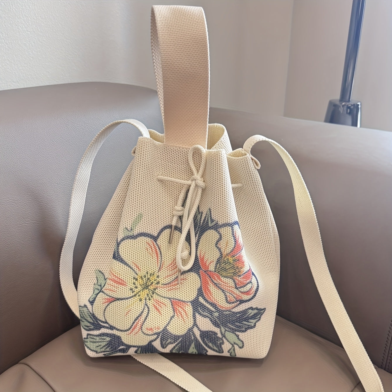 Floral Print Knit Drawstring Bucket Bag – Elegant Polyester Crossbody & Shoulder Bag for Women, Beige with Vibrant Floral Designs, Perfect for Daily Use or Shopping, Versatile Carryall | Lightweight Construction