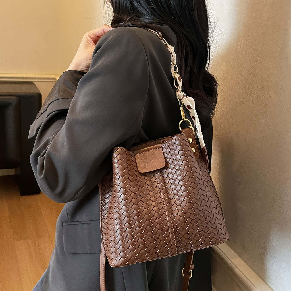 Women's Woven Tote & Bucket Bag - Convertible Crossbody/Handbag with Golden-Tone Hardware, Beige/Black Detachable Strap, Retro Woven-Pattern Shoulder Purse for, Casual & Formal Events (Adjustable, Snap Closure)