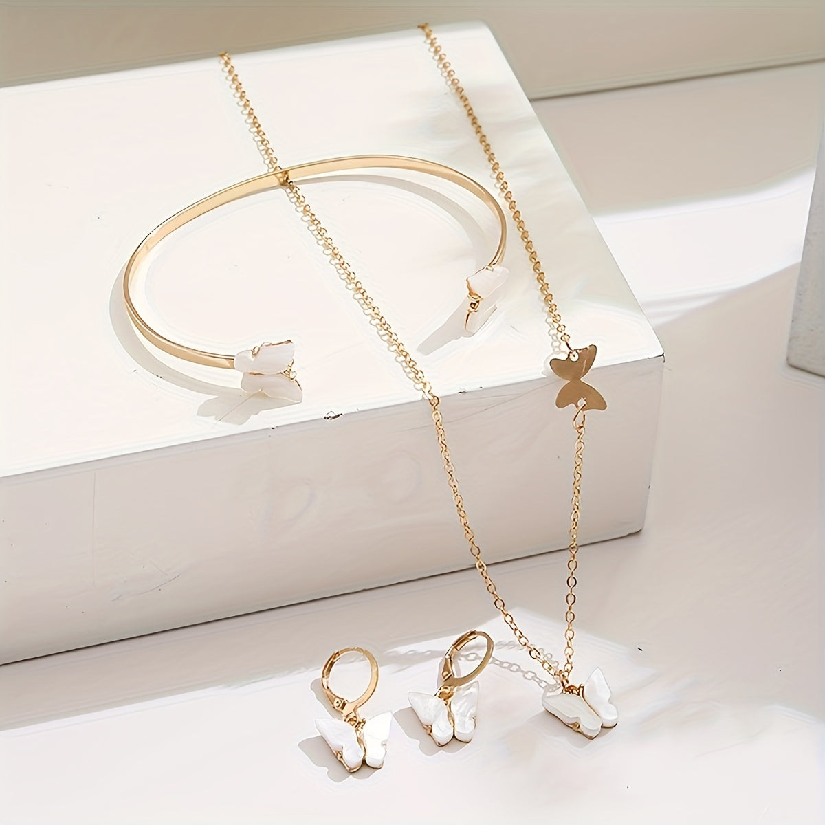 [Minimalist Jewelry] 4pcs Minimalist Butterfly Jewelry Set | Korean Open Bracelet Necklace Earring for Women, Perfect Gift