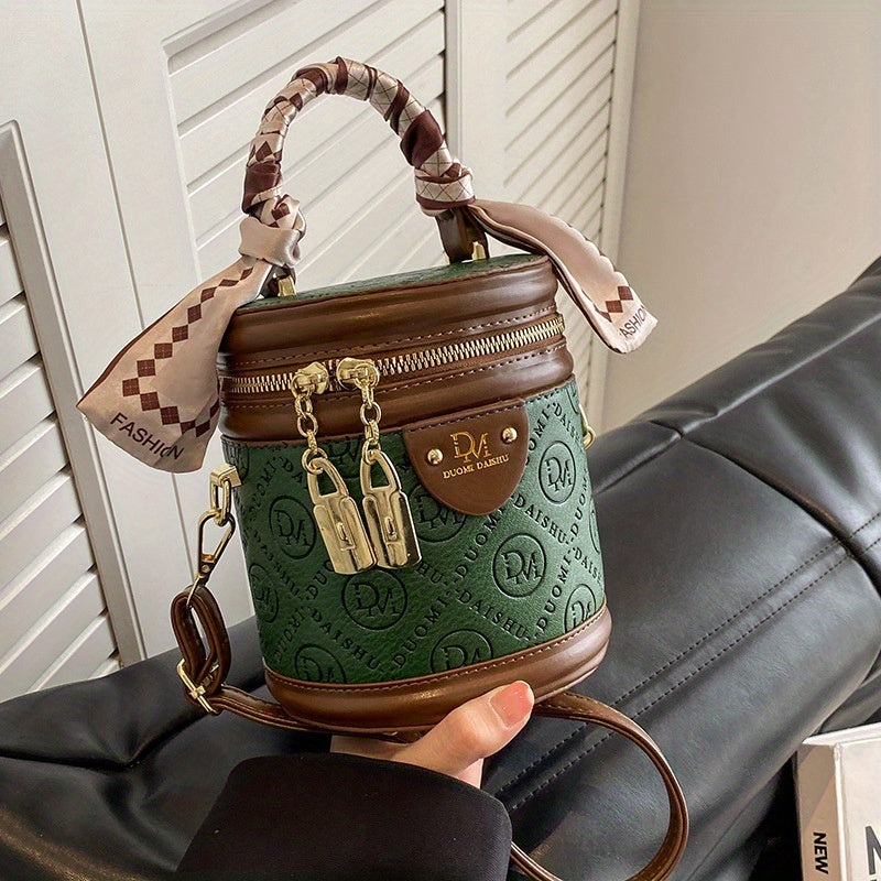 Chic Green Bucket Bag for Women - Stylish Crossbody with Golden-Tone Hardware, Zipper Closure, and Checkered Bow Accents - Perfect for Casual or Formal Outfits, Casual Accessory | Checkered Bow Accent | Zipper Closure Bag