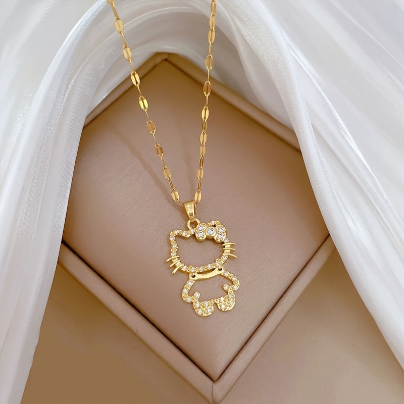 [Hello Kitty Charm Necklace] Sanrio for hello kitty Charm Necklace - Elegant Titanium Steel Lockbone Chain with Sparkling Cubic Zirconia Pendants, Perfect for Daily Wear & Special Occasions, Ideal Valentine's Day Gift, Casual
