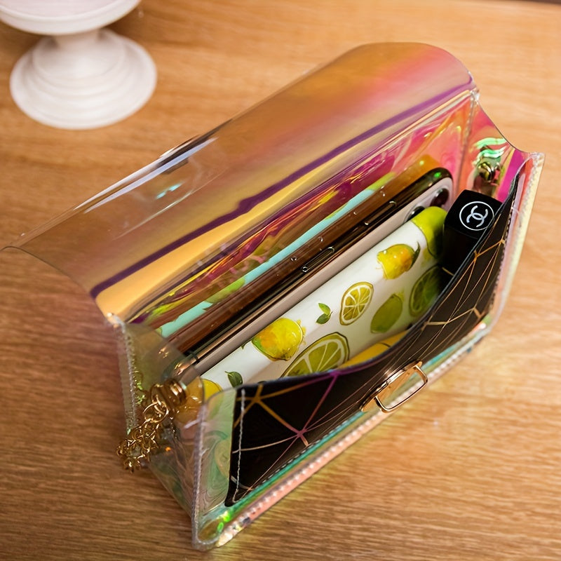 Chic Laser-Cut Transparent Crossbody Bag for Women - Fashionable Striped PVC Shoulder Purse with Chain Strap, Versatile & Colorful