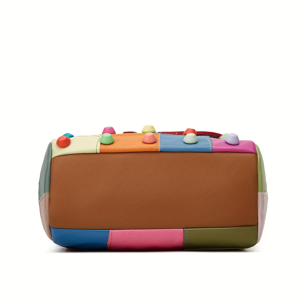 [Geometric Crossbody Bag] Light Brown Geometric Women's Crossbody Bag | Detachable Strap, Multi-Color Irregular Design, Zipper Closure, Spacious Tote with Back Pocket & Rivet Accents, Polyester Lining for Daily Commute & Casu