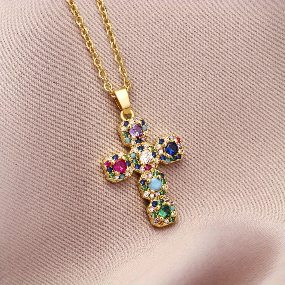 Colorful Inlaid Cubic Zirconia Cross Necklace