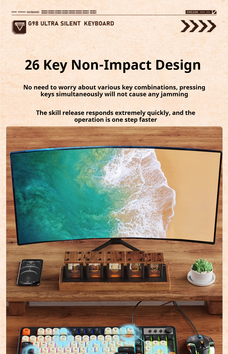 [Wired Gaming Keyboard] EWEADN Wired Gaming Keyboard with Rainbow Backlit, Portable Black Keyboard for Office-98 Keys, Computer External Keyboards Ergonomic Design, with Multimedia Knob, Ball Keycaps, for Gamers and Office, C