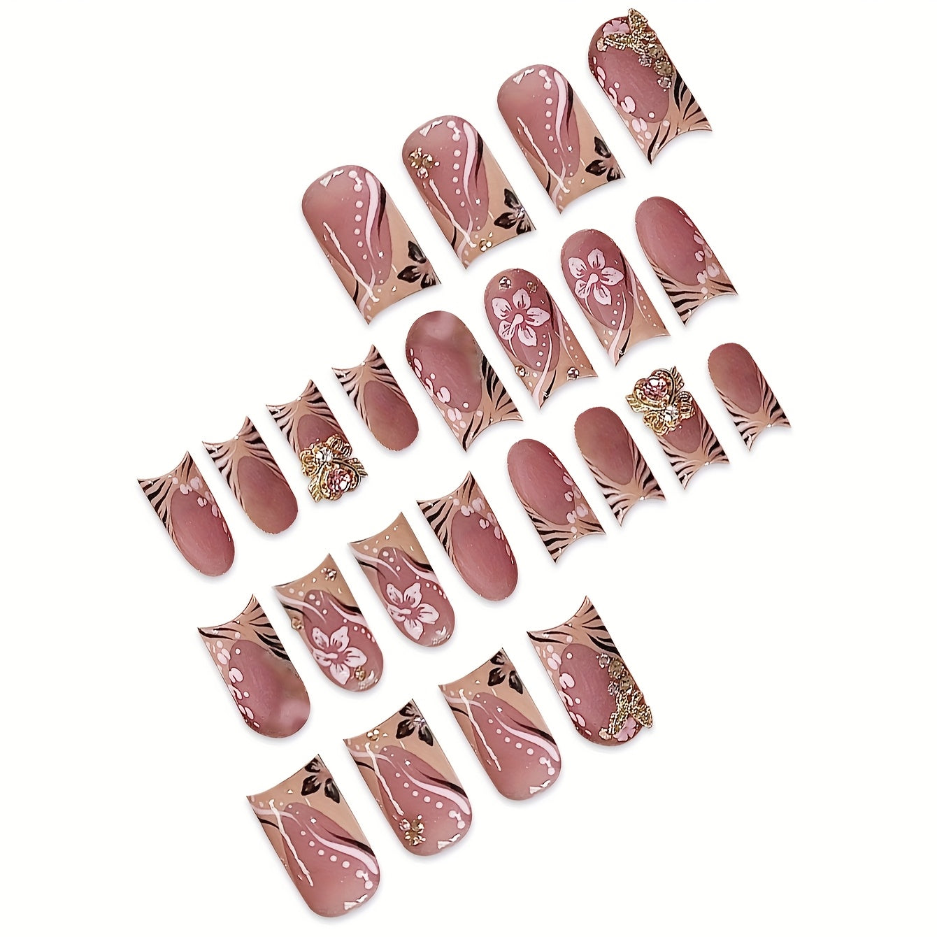 24pcs Short Square French-Style Fake Nails Set with Luxury 3D Sweet Heart Synthetic Gemstones, Elegant Golden Butterfly, and Charming Stamen Design. Suitable for All Women and. Includes Nail Buffer and Jelly Glue for Easy App