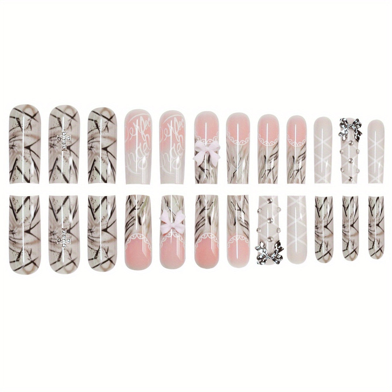 24pcs Long Teardrop Fake Nails Set with Sweet Cool Two-Tone Bow, Romantic Lace Edge Artistic Striped Sparkling Rhinestone Suitable for All Women and s - Includes Nail Files and Jelly Glue for Easy Application