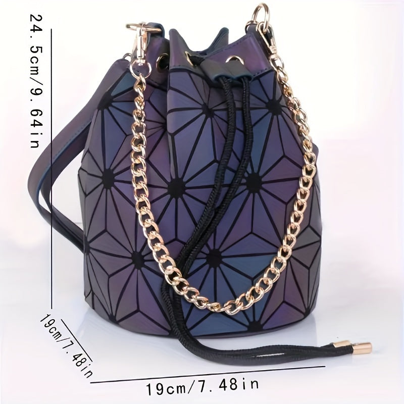 Mini Luminous Drawstring Bucket Bag, Trendy Crossbody Bag, Women's Geometric Handbag & Shoulder Bag