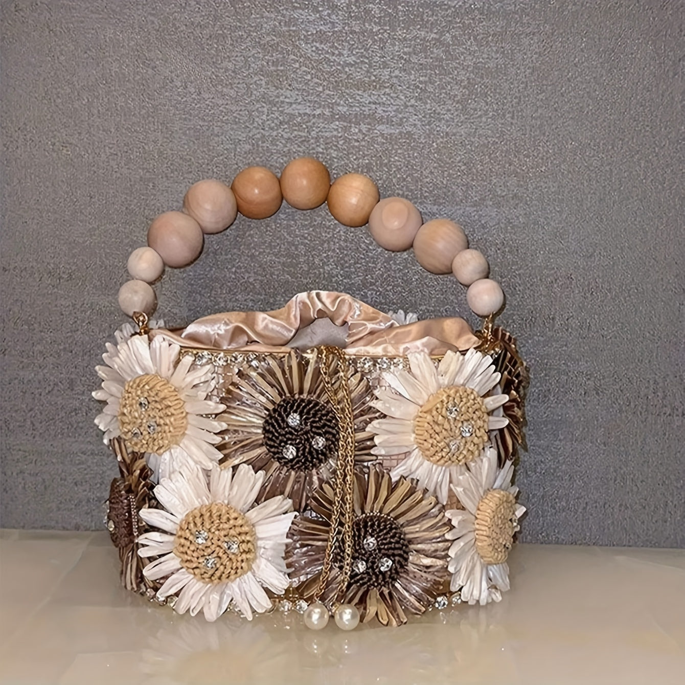 Luxury Evening Bucket Bag for Women | Floral Beaded Design with Rhinestone and Pearl Detailing | Fashion Drawstring Closure Crossbody with Metal and Messenger Accessory | Occasion-Themed with Inner Lining | Non-Washable | Cra