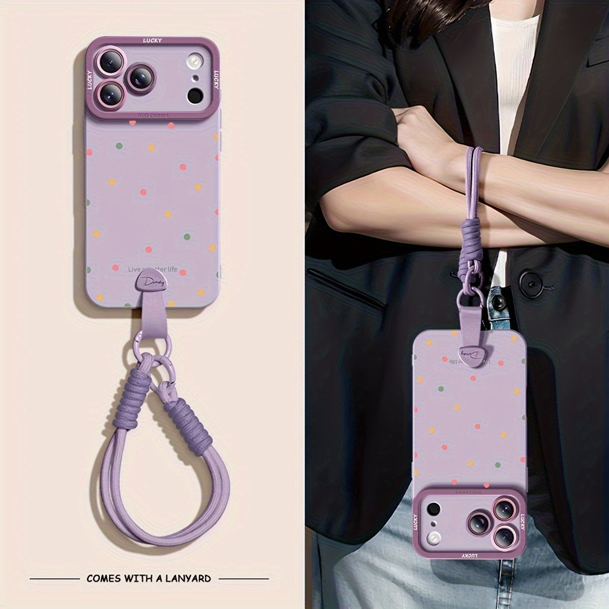 Full screen color dots are suitable for iPhone 17 Promax phone case, new 15 friend models, 16pro handheld Apple 14 Promax premium protective case with hanging rope 17 Pro soft case, Women's autumn and winter