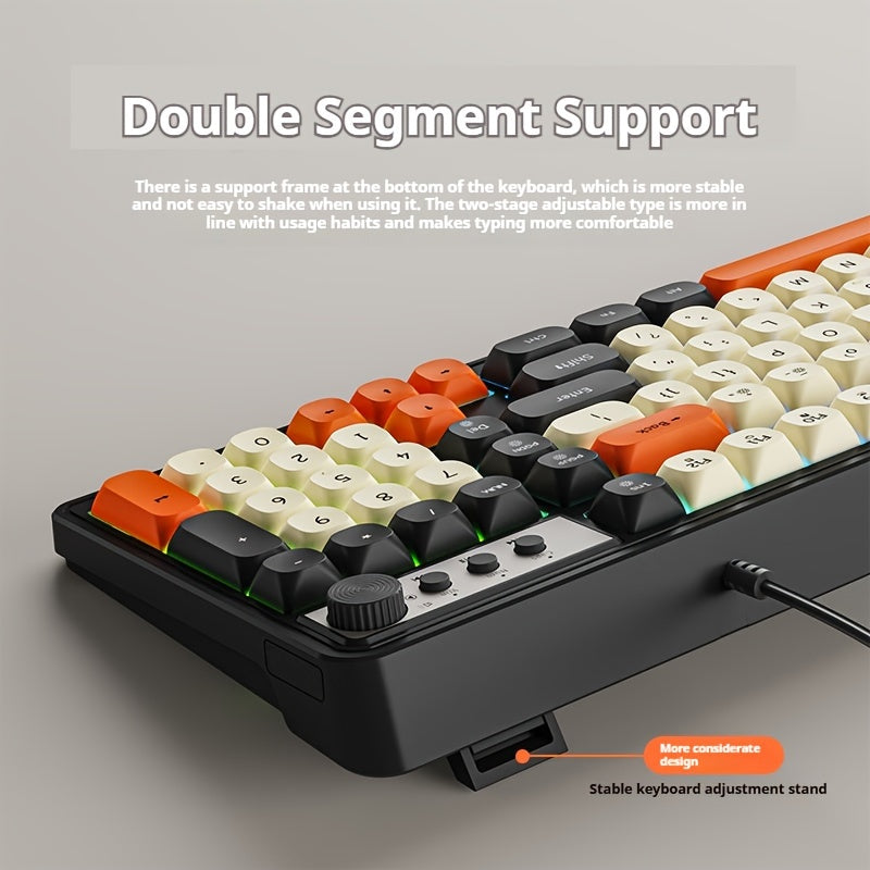 [Wired Gaming Keyboard] EWEADN Wired Gaming Keyboard with Rainbow Backlit, Portable Black Keyboard for Office-98 Keys, Computer External Keyboards Ergonomic Design, with Multimedia Knob, Ball Keycaps, for Gamers and Office, C