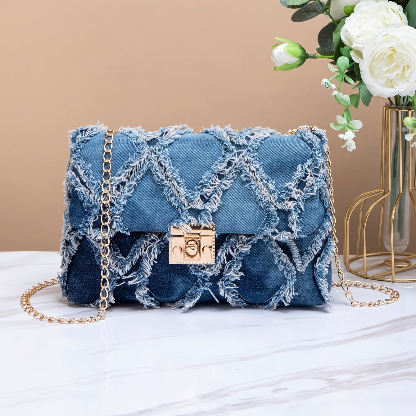 Blue Vintage-Inspired Denim Chains Crossbody Bag with Golden-Tone Hardware, Detachable Chain Strap & Tassel Accents - Elegant Canvas Purse for Everyday Casual or Street Style, Fashionable Accessory | Elegant Accessory | Decor
