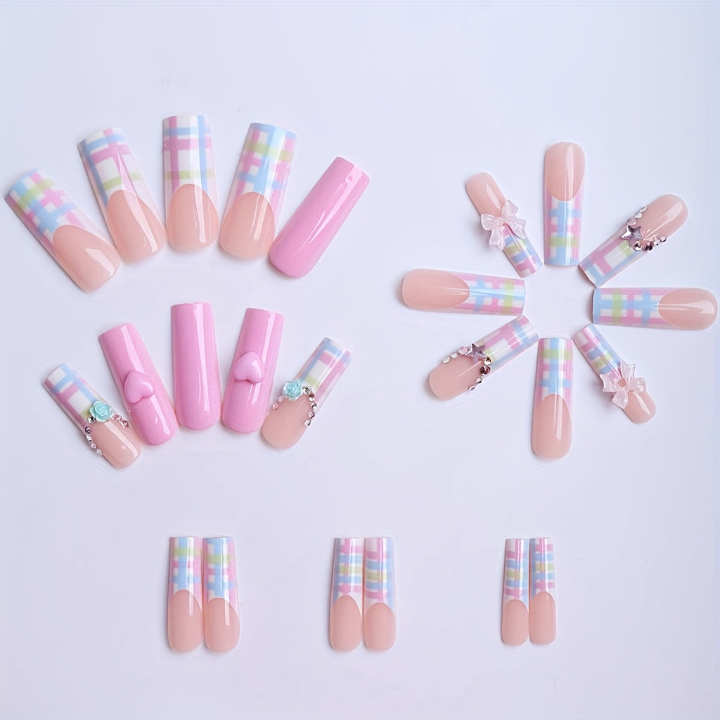 A Gift Box Containing 24 Long Square-Shaped Press-On Nails for Spring And Summer, Featuring Cute Dopamine Designs with Milky White Bows, Pink 3D Hearts, Rainbow Checkered Stripes, Aurora Blue-Green Camellias, Silvery Glitter,