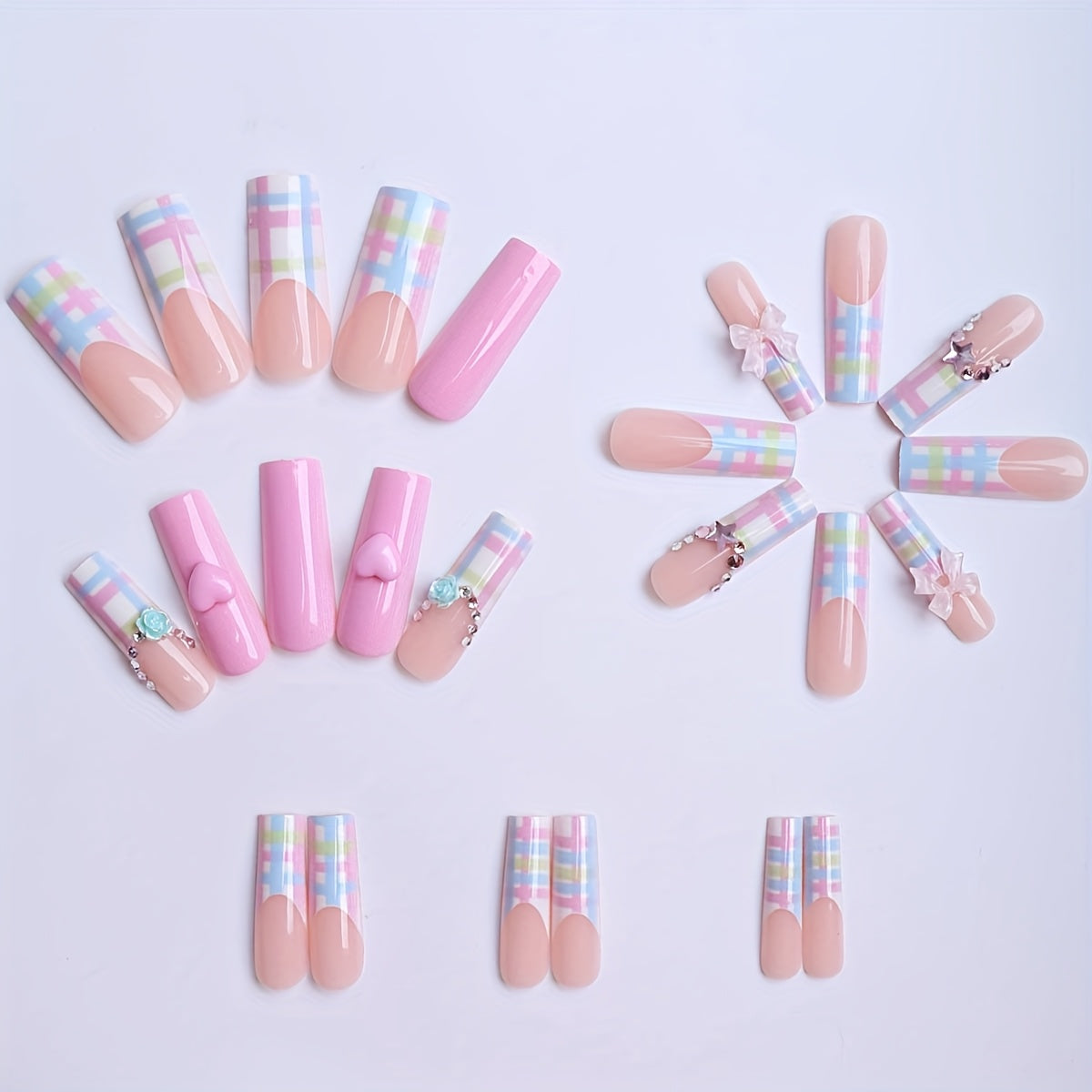 A Gift Box Containing 24 Long Square-Shaped Press-On Nails for Spring And Summer, Featuring Cute Dopamine Designs with Milky White Bows, Pink 3D Hearts, Rainbow Checkered Stripes, Aurora Blue-Green Camellias, Silvery Glitter,