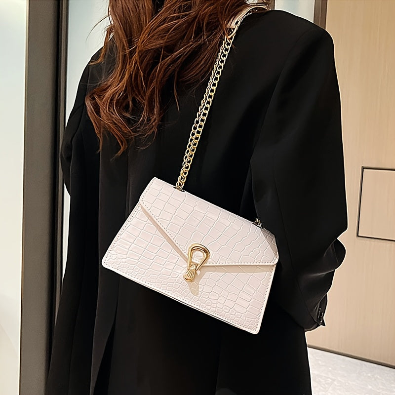 Pink Snake Print Crossbody BagFor Women, Stylish Women's Crocodile Pattern Handbag - Black Shoulder Bag With Detachable Strap Golden-Tone Hardware & Chain Strap, Crossbody Bag Purse Christmas Bags For Gifts Christmas Gift Bag