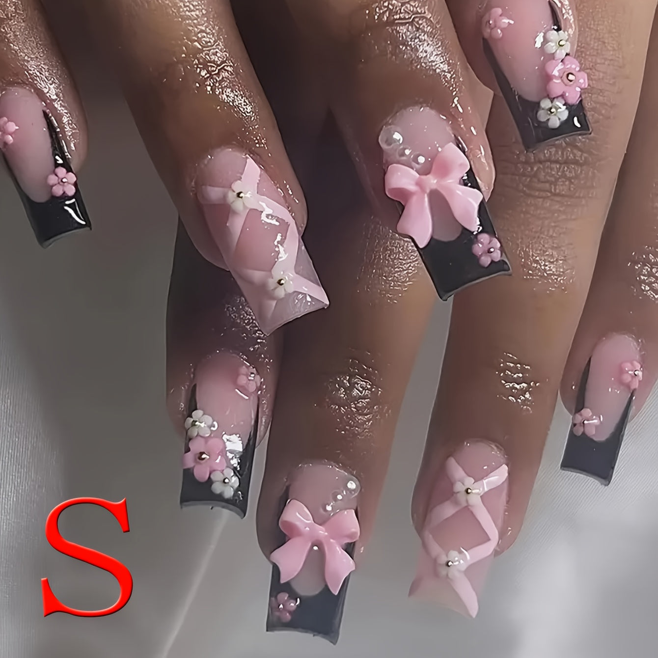 10pcs Handmade Nails - Rectangular Nails - White and Pink Flowers - French Black Border - Press - Fashionable Women - Perfect for Daily Fashion or Party Celebrations and Valentine'S Day Fashion - Handmade Nails, Press On Nail