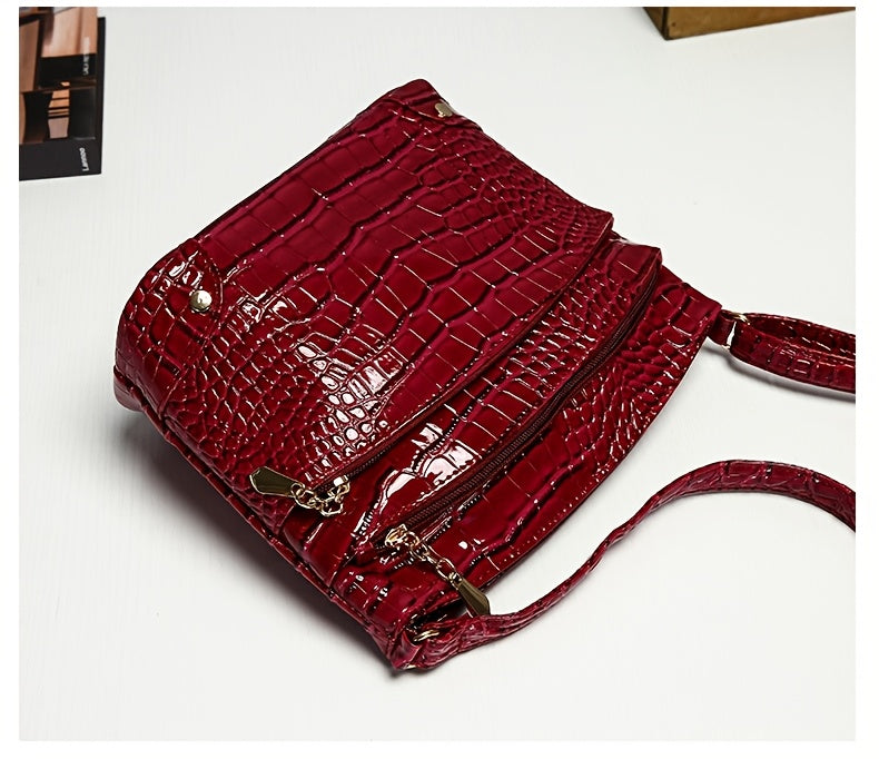 Shiny Crocodile Pattern Women'S Bag, PU Soft Shoulder Bag, Multi-Layer Crossbody Bag, Stylish And Versatile Large Capacity Bucket Bag.