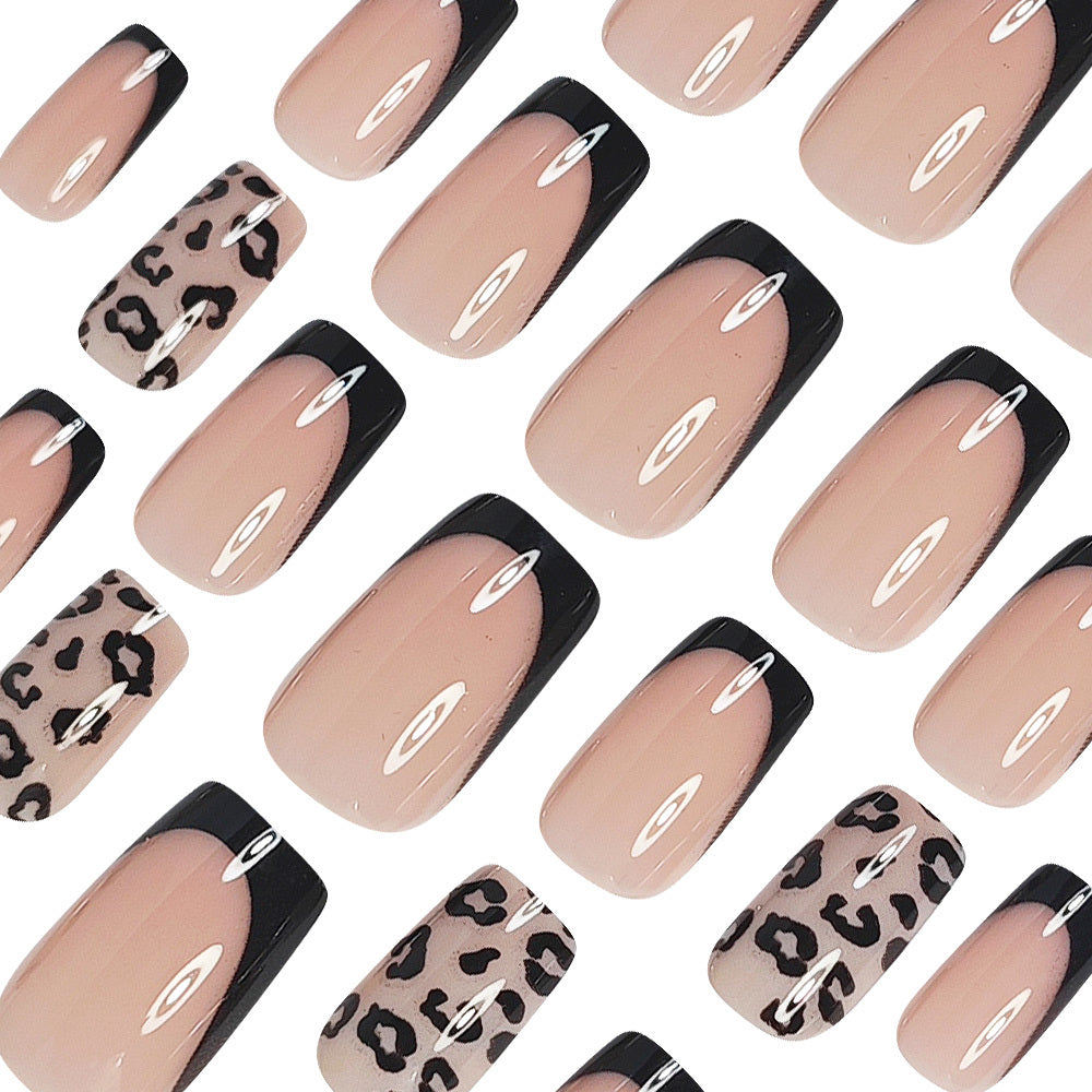 24pcs Black French-Style Minimalist Glossy Fake Nails with Leopard Print Design, Press-On Nails for Women and, Suitable for Daily Wear and Dating, Includes Jelly Glue and Nail File, Quick Nail Art, French Style Nails, Durable