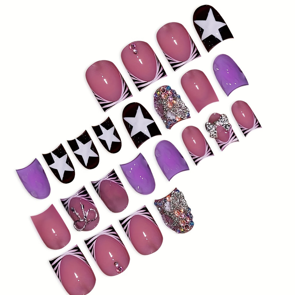 24pcs Y2K Press-On Nails Set, Medium Length Duck Mouth Shape with Mixed Purple Palette, Zebra Stripe & Star Patterns, Rhinestone Accents, Glossy Finish, Includes Nail File & Jelly Glue