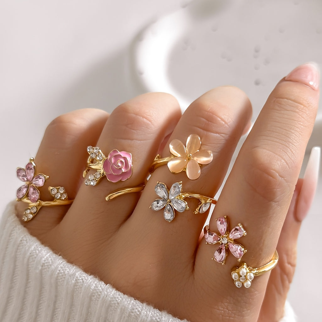 4pcs Set of Alloy Water Artificial Pearl Glazed Layered Rings. Fashionable Elegant Sexy Floral Pink Series, Water Artificial Pearl Sexy Flower Wedding