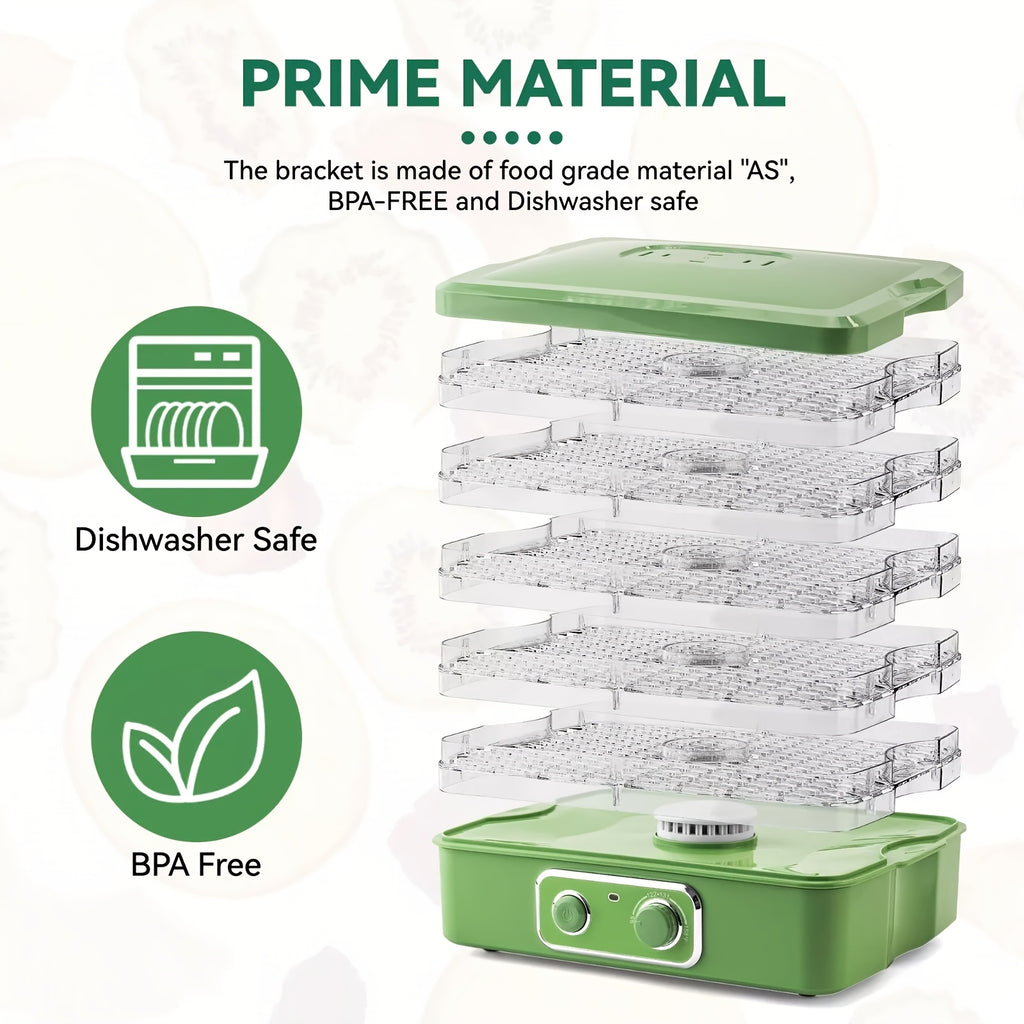 SUSTEAS Food Dehydrator For Jerky, 5-Tier BPA-Free Tray Dehydrator Machine, 240W Adjustable Temperature Control For Fruits, Meats, Veggies & More - Perfect Holiday Gift, Green