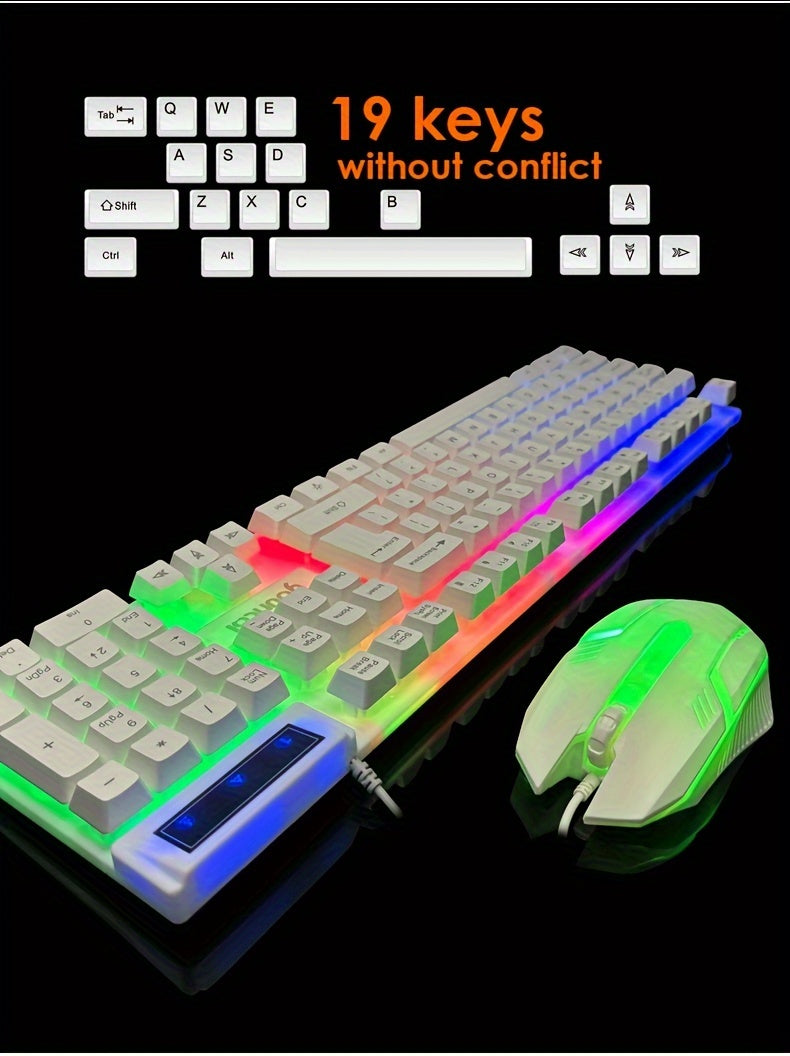 [Rainbow Backlit Gaming Set] Rainbow Backlit Wired Gaming Keyboard and Mouse Set | 19-Key Rollover, Adjustable Brightness, 2 Lighting Modes, Ergonomic Design, Hotkeys, Media Keys, USB Powered, No Battery, for Home Entertainme