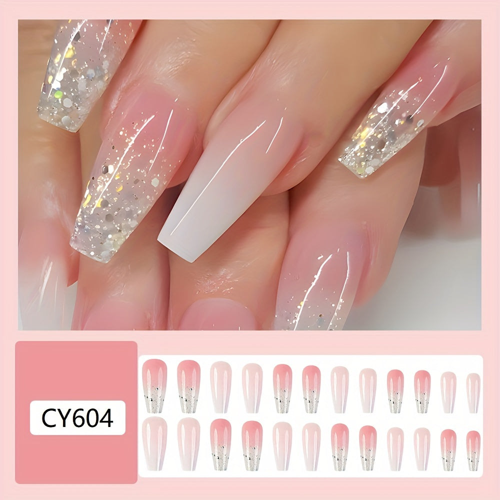 [Pink Coffin Nail] 24pcs Long Coffin Nail | Pink Fashion Gradient Shimmer Glitter