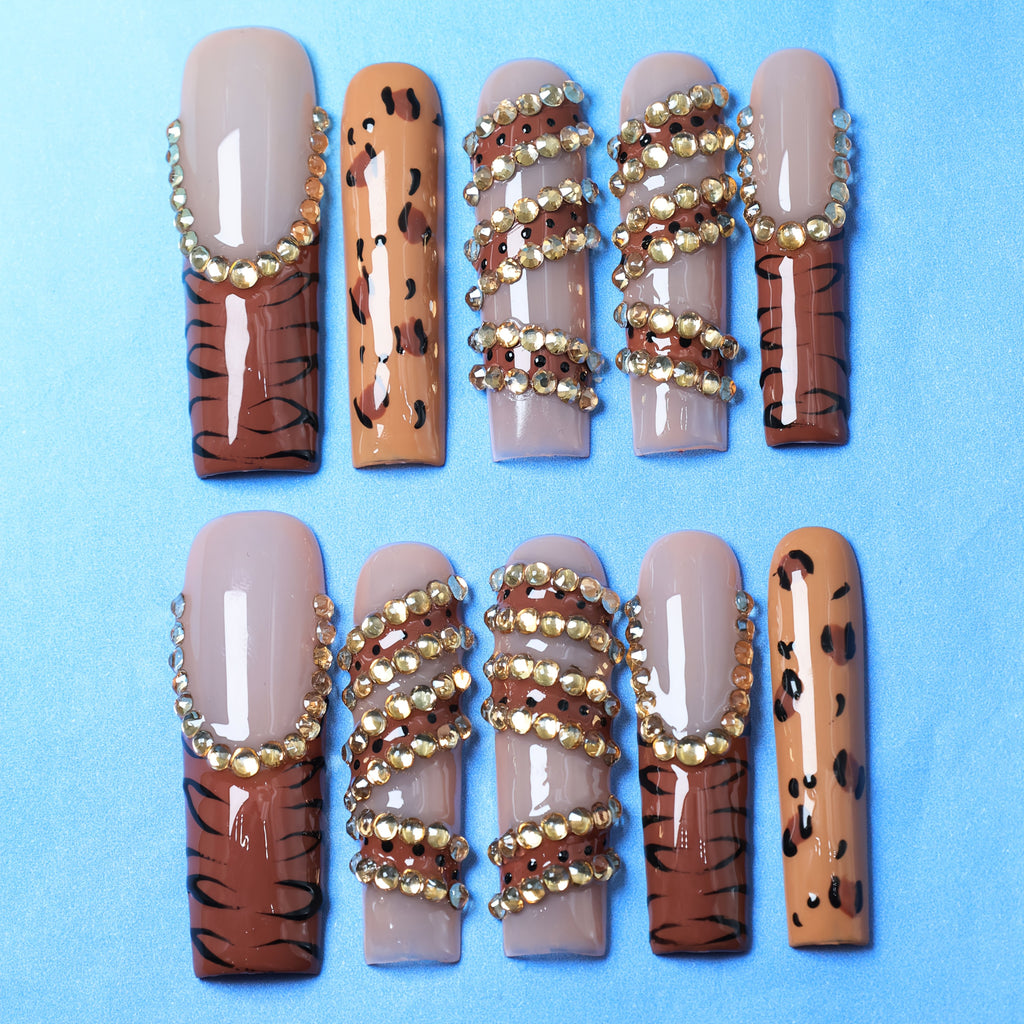 10pcs Handmade Press-On French Nails - Leopard Print & Striped Design with Sparkling Rhinestones, Ultra-Long Square Glossy Fake Nails for Cosplay, Weddings, Christmas - Perfect Gift for Mom, Nail Decorations, Party Accessorie