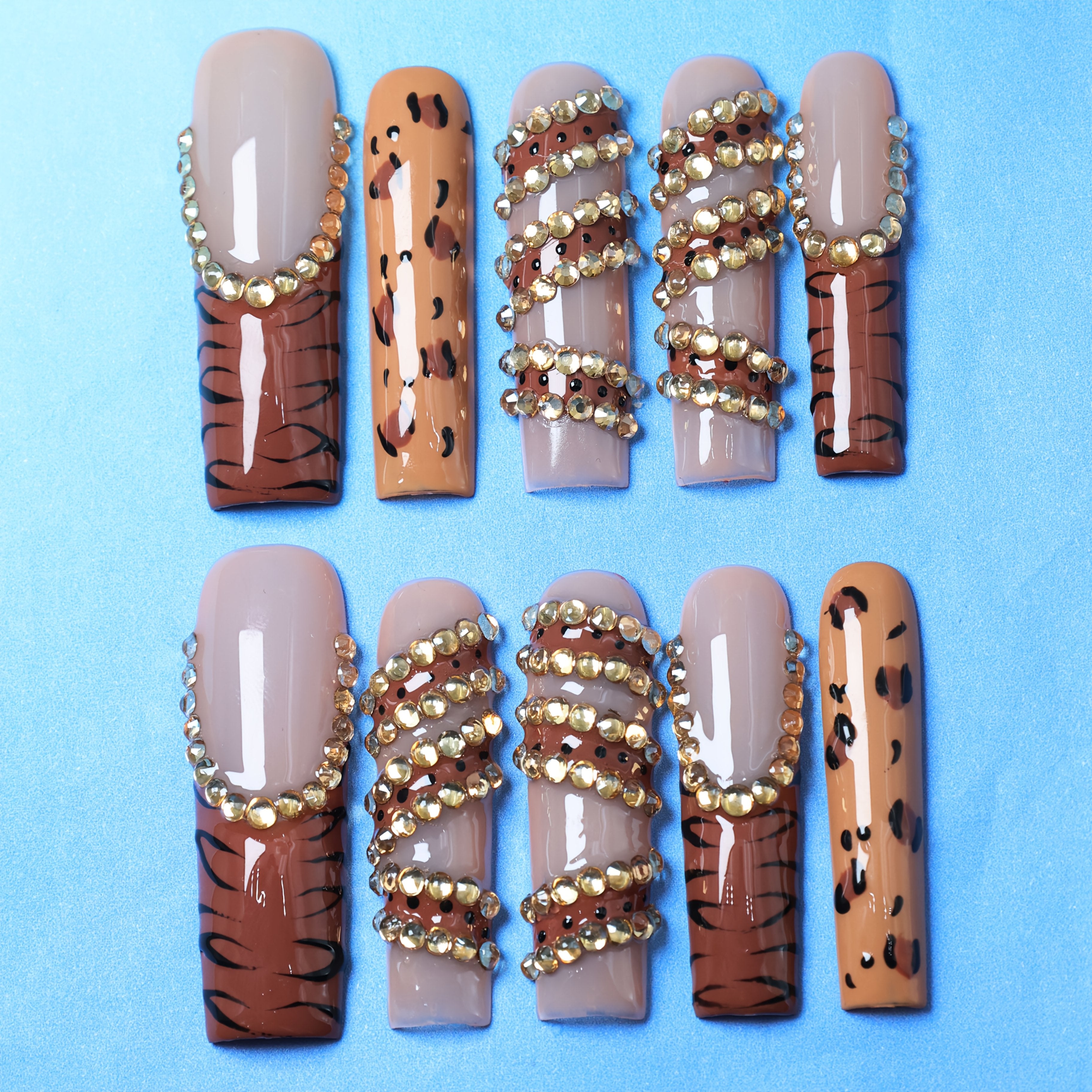 10pcs Handmade Press-On French Nails - Leopard Print & Striped Design with Sparkling Rhinestones, Ultra-Long Square Glossy Fake Nails for Cosplay, Weddings, Christmas - Perfect Gift for Mom, Nail Decorations, Party Accessorie