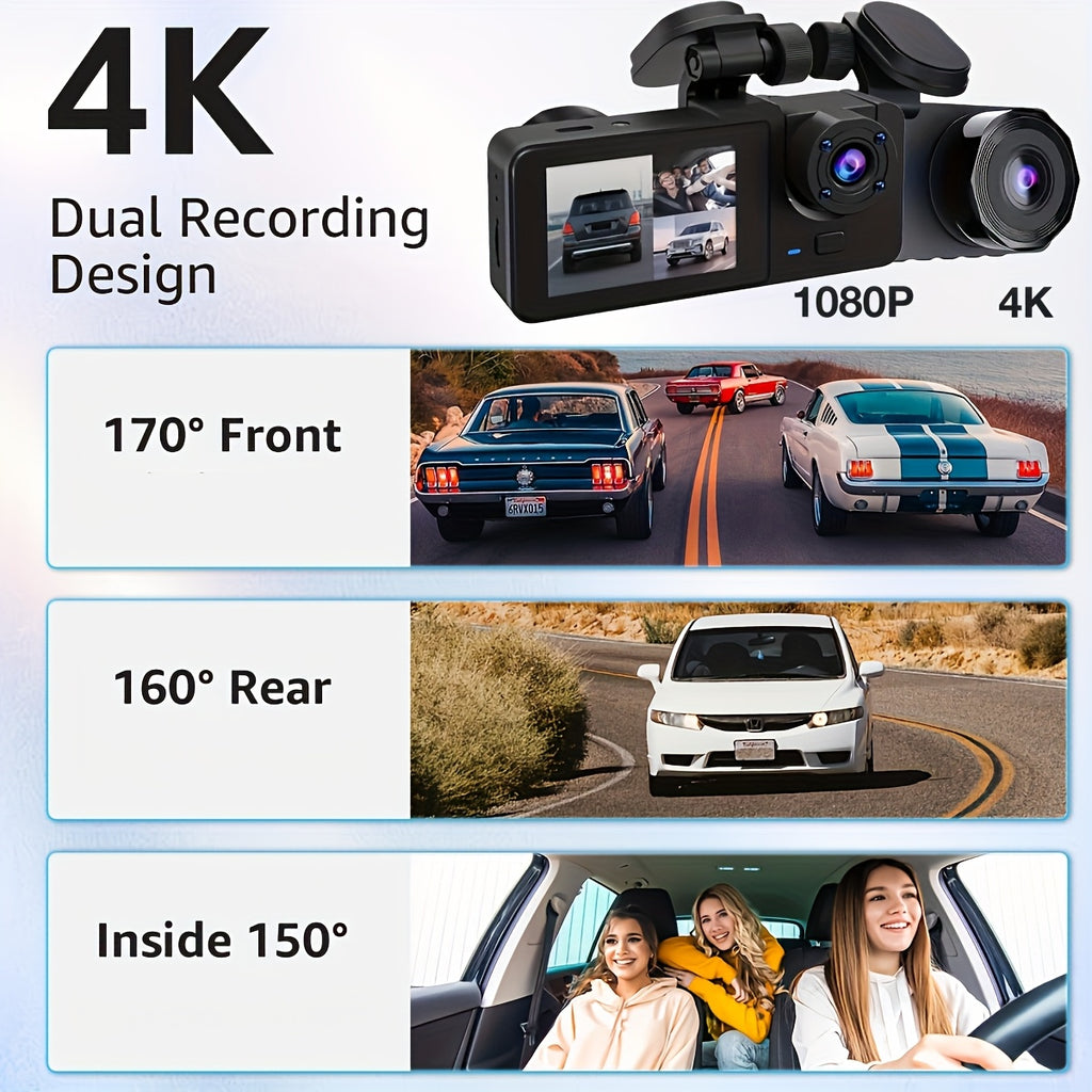 Front 4K/ Built- 1080P Three-Channel Front and Rear Built-in Dash Cam, Full HD Car DVR with Infrared Night Vision Function, Loop Recording, Includes 32/64GB SD Card, WDR, 24-Hour Parking Mode - Birthday Gift YX15, Road Trip C