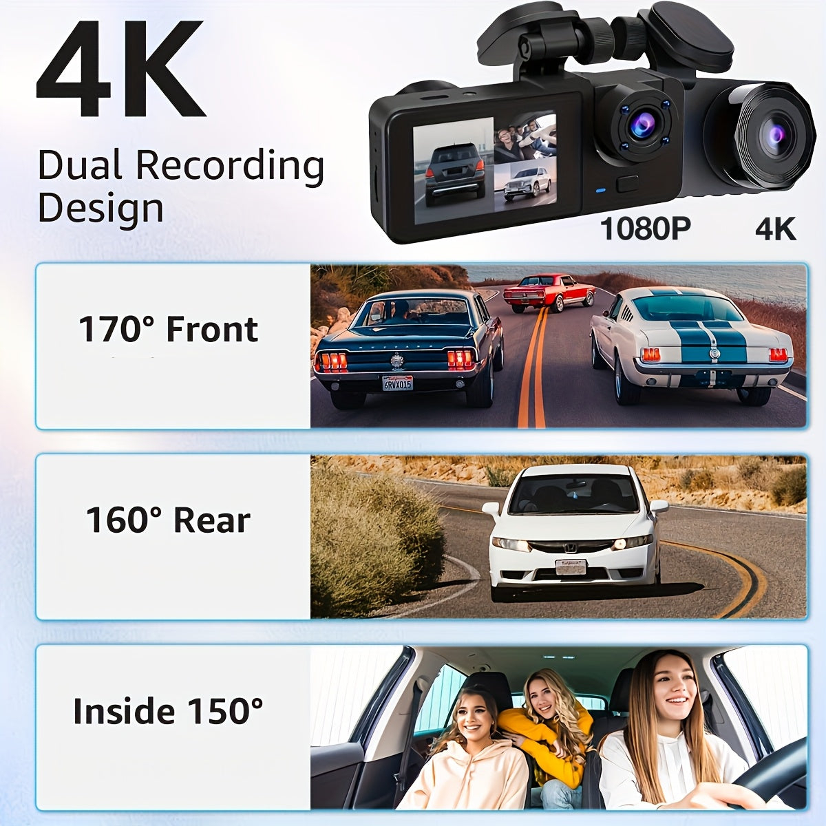 Front 4K/ Built- 1080P Three-Channel Front and Rear Built-in Dash Cam, Full HD Car DVR with Infrared Night Vision Function, Loop Recording, Includes 32/64GB SD Card, WDR, 24-Hour Parking Mode - Birthday Gift YX15, Road Trip C
