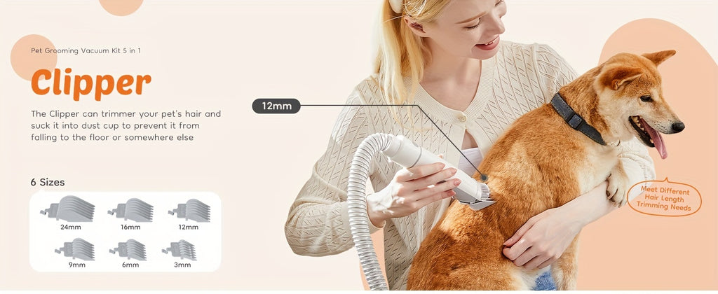 Pet Grooming Vacuum Kit 5 in 1, Vacuum Suction Strong Power 99% Pet Hair, Professional Clippers with 6 Guide Combs, Mulifunctional Grooming Tools for Dogs Cats and Other Animals
