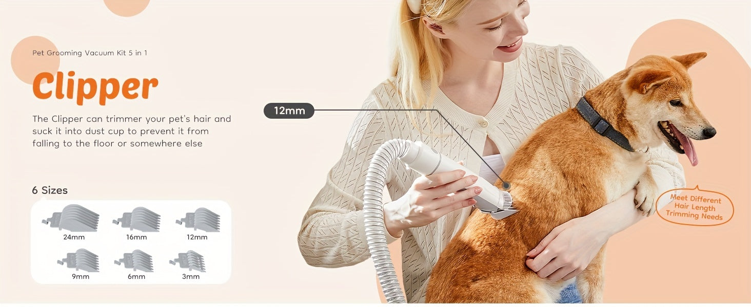 Pet Grooming Vacuum Kit 5 in 1, Vacuum Suction Strong Power 99% Pet Hair, Professional Clippers with 6 Guide Combs, Mulifunctional Grooming Tools for Dogs Cats and Other Animals