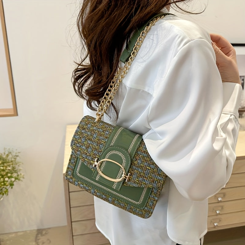 A Mini Checkered Tweed Bag with a Clasp Decoration, a Square Shoulder Bag, And a Chain Crossbody Flap Wallet, Perfect for Everyday Use.