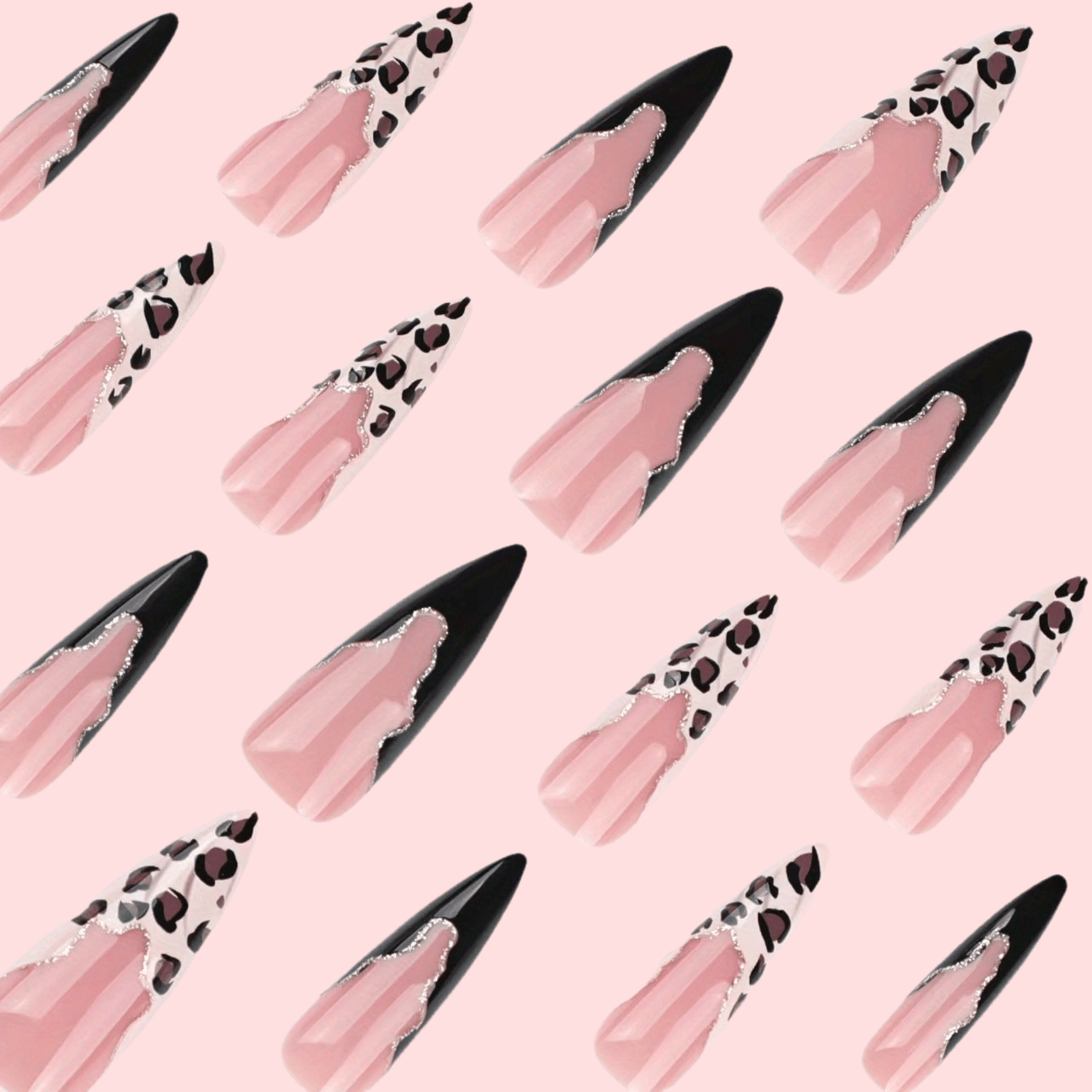 French Leopard Print Long Pointed Nails Glitter Black Splicing Nail Art Detachable Nail Tips 1 Box of 24pcs