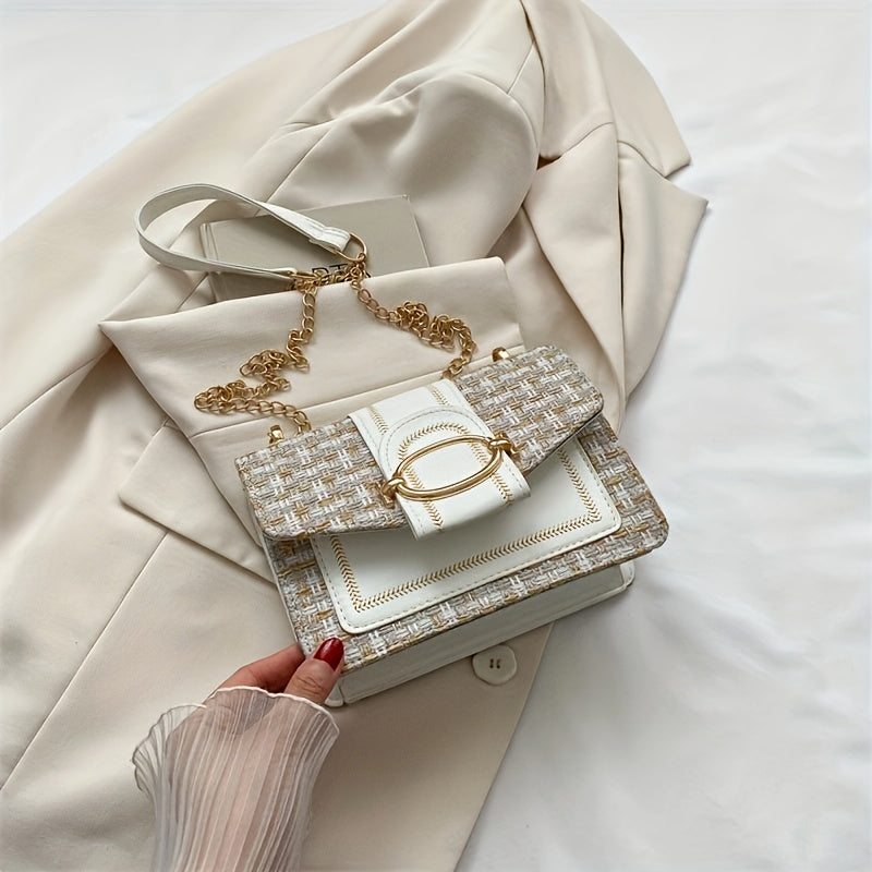 A Mini Checkered Tweed Bag with a Clasp Decoration, a Square Shoulder Bag, And a Chain Crossbody Flap Wallet, Perfect for Everyday Use.