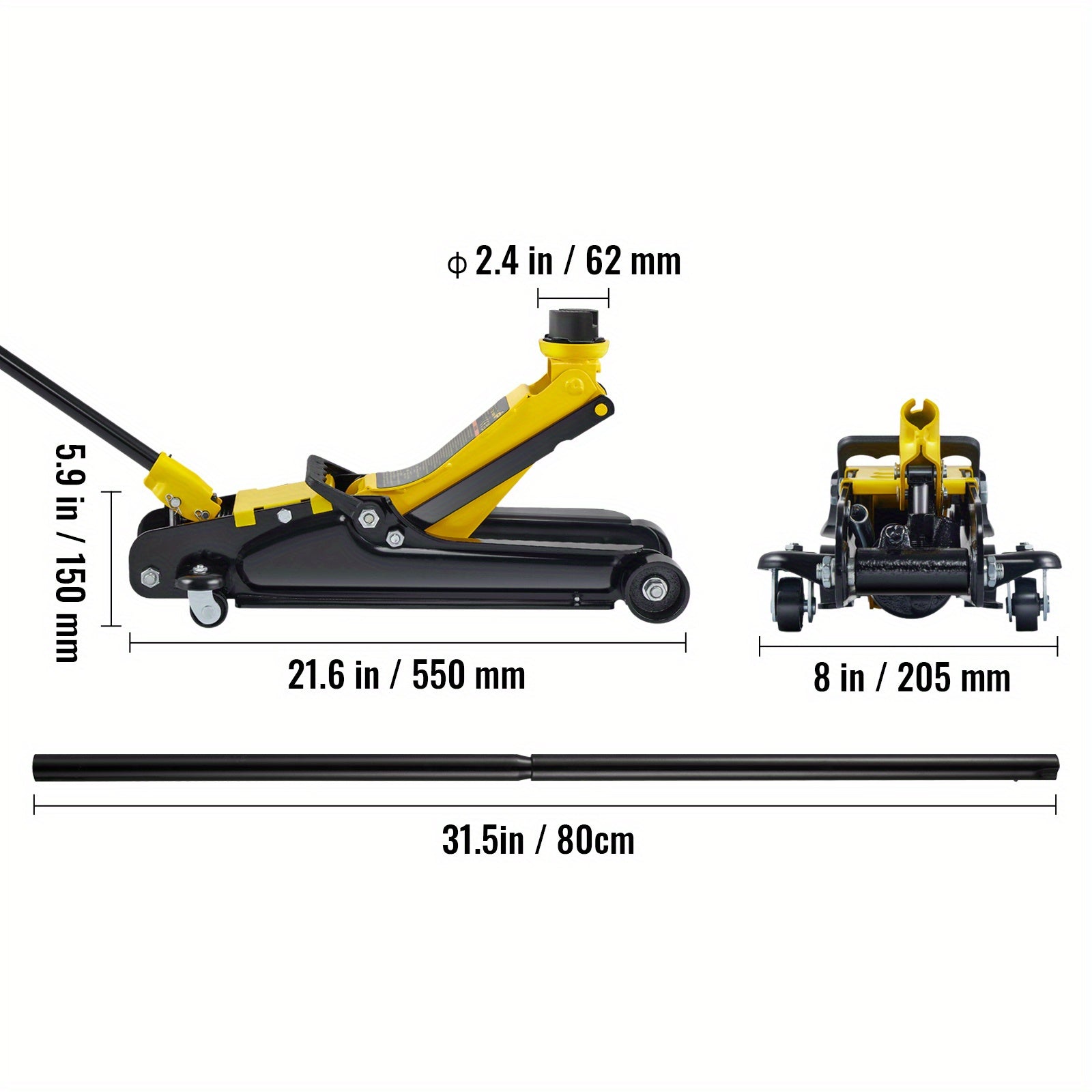 Happybuy 2.5 Ton Compact Steel Sport Elevator, Single Cylinder Ground Lift with Adjustable Handle and Safety Warning Labels - Black & Yellow, 3.35"-14.96" Height Range, Industrial Lifting Equipment|Manual Operation Lift|Iron