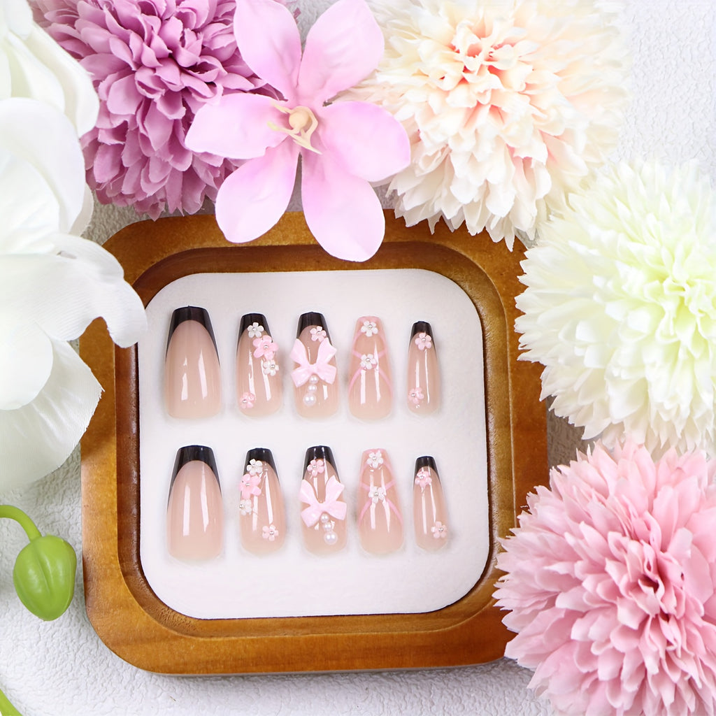 10pcs Handmade Nails - Rectangular Nails - White and Pink Flowers - French Black Border - Press - Fashionable Women - Perfect for Daily Fashion or Party Celebrations and Valentine'S Day Fashion - Handmade Nails, Press On Nail