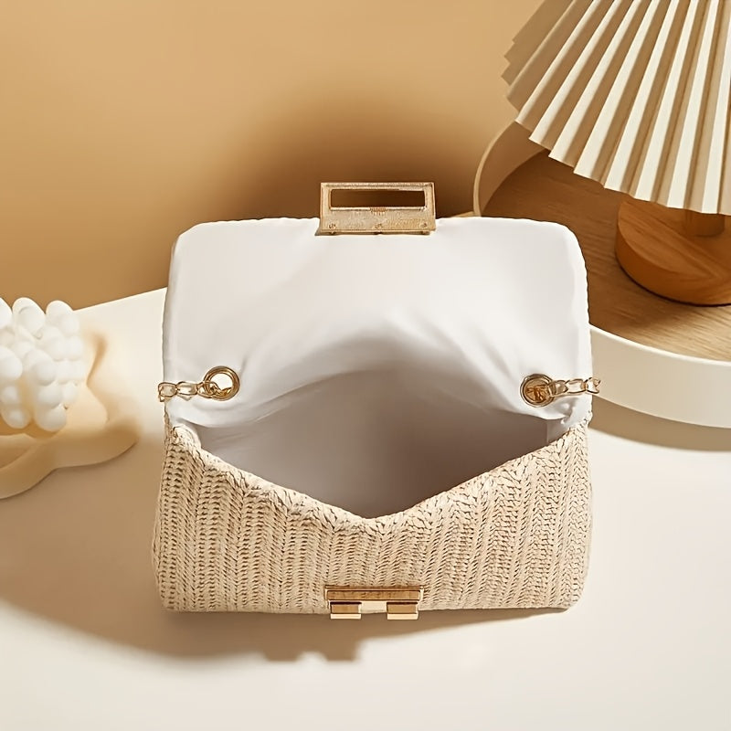 [Perfect Gift for Her] Women's Elegant Woven Straw Shoulder Bag with Golden Chain Strap, Detachable Crossbody Style, Polyester Lining - Perfect Gift for Her, Khaki/Cream Color | Clasp Closure Purse | Polyester Lining, Ladies