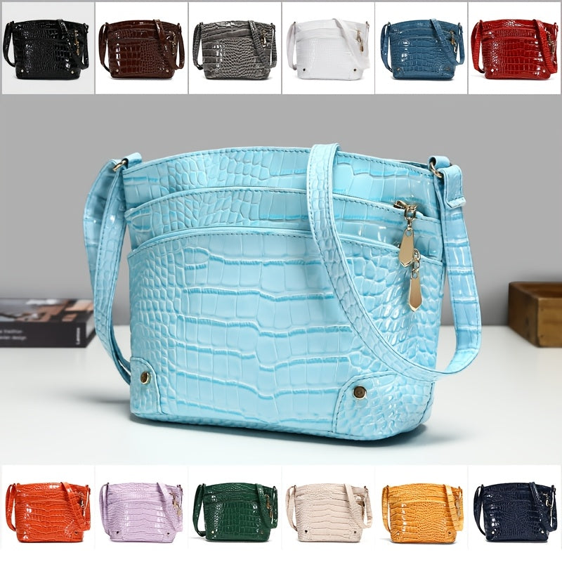 Shiny Crocodile Pattern Women'S Bag, PU Soft Shoulder Bag, Multi-Layer Crossbody Bag, Stylish And Versatile Large Capacity Bucket Bag.