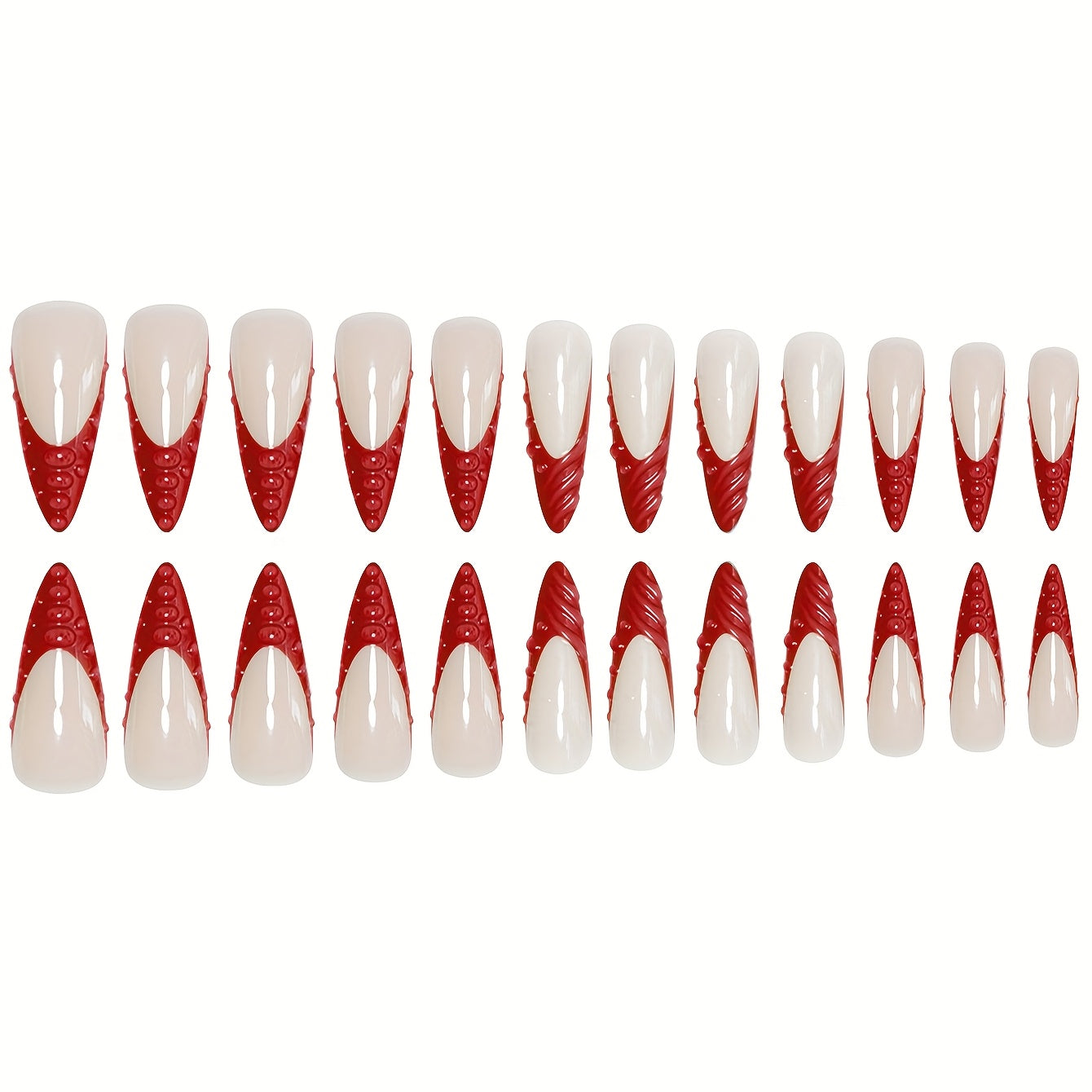 A Set of 24 Long Almond-Shaped False Nails French Style Bright Fiery Red Glossy Shiny Fashionable Spiral Moist Round Beads Suitable for All Women And. The Box Comes with a Nail Polish And Jelly Glue, Which Is Easy to Stick An