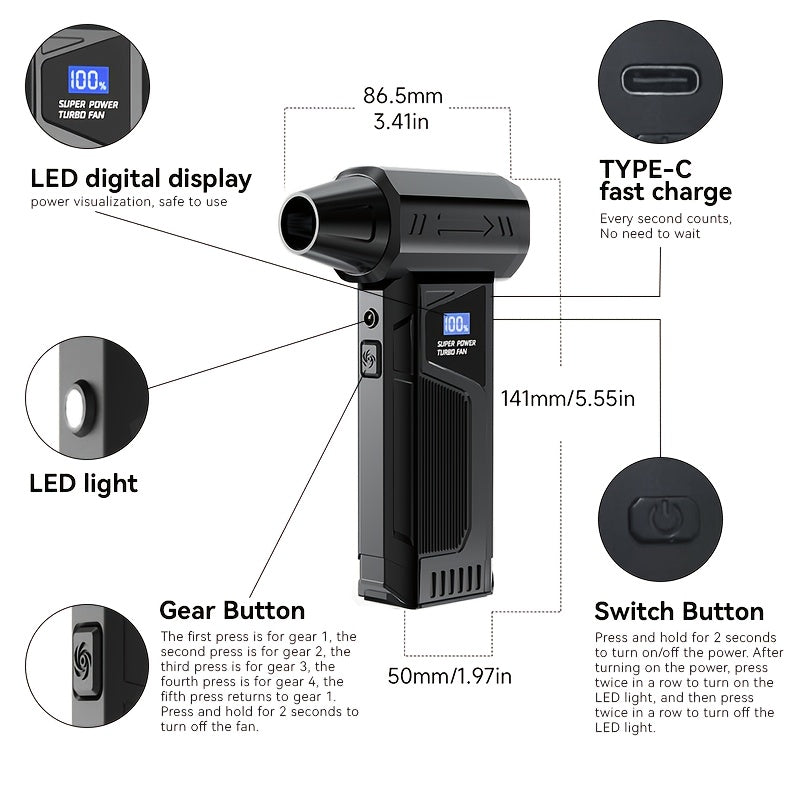 [Wireless Handheld Fan] 4-Speed Adjustable 110000RPM, Wireless Handheld Fan with Type-C Charging, Can Blow, Snow Removal, Water Removal, Dust Removal, Cooling, Keyboard Cleaning, and Helps Outdoor Camping Lighting, Suitable f