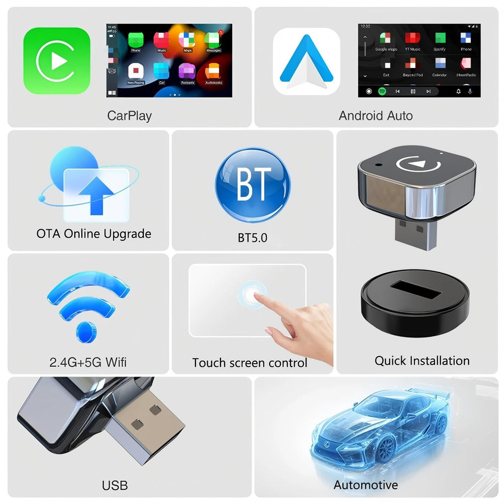 2-in-1 Wireless CarPlay & Android Auto Adapter - Plug & Play CarPlay Dongle Converter, Fast Auto-Connect, No Delay, Compact Design for iPhone & Android with USB/USB-C Port, Wireless Carplay for Android, Car Audio Upgrade, Mod