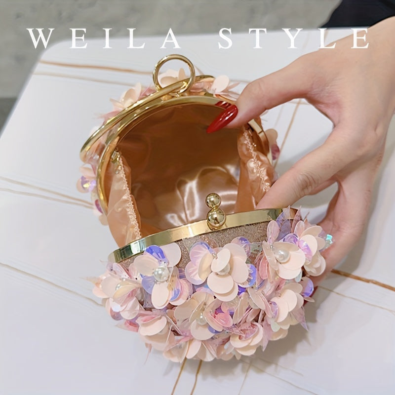 Sparkling Rose Golden Clutch Bag, Rhinestone Flower Design, Elegant Evening Handbag For Women, Party Dress Accessories