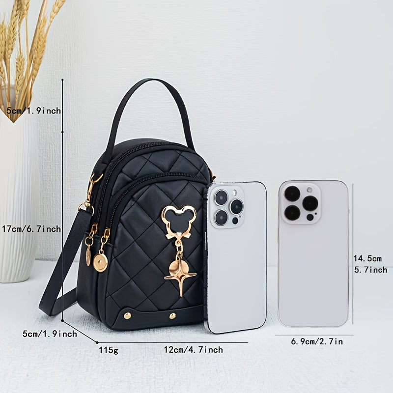 s Rhombus Backpack, Golden-Tone Hardware - Black/Pink/White, Mouse Pad Keychain Lock Compatible, Durable Adjustable Strap & Zipper Closure, Golden-Tone Plaque for Keys, Casual Handbag for Travel, Everyday Use (Poly, for Teena