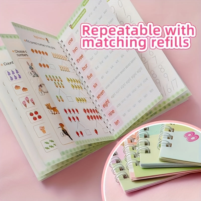 4 Books + 1 Refillable Magic Practice Book + 1 Pen + 5 Pen Refills + Erasable Stickers, Reusable, Mixed Color, Made of Paper, for Writing, Parent-Child Education, Boys and Girls