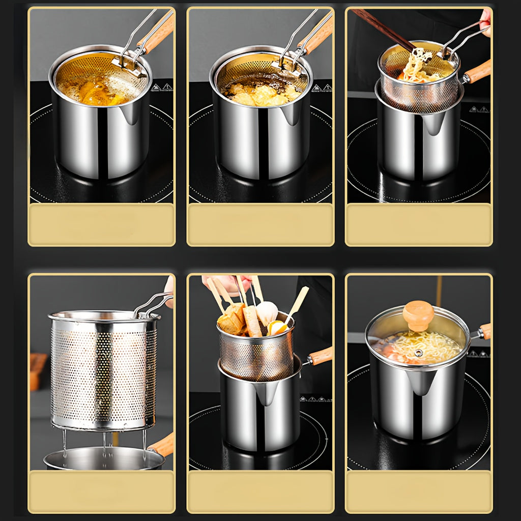 [Stainless Steel Fryer Set] 1set/3pcs - stainless steel - tempura fryer - with basket - deep fryer - multi-purpose cookware set